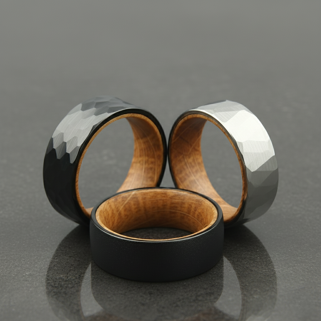 Collection of tungsten and wood rings