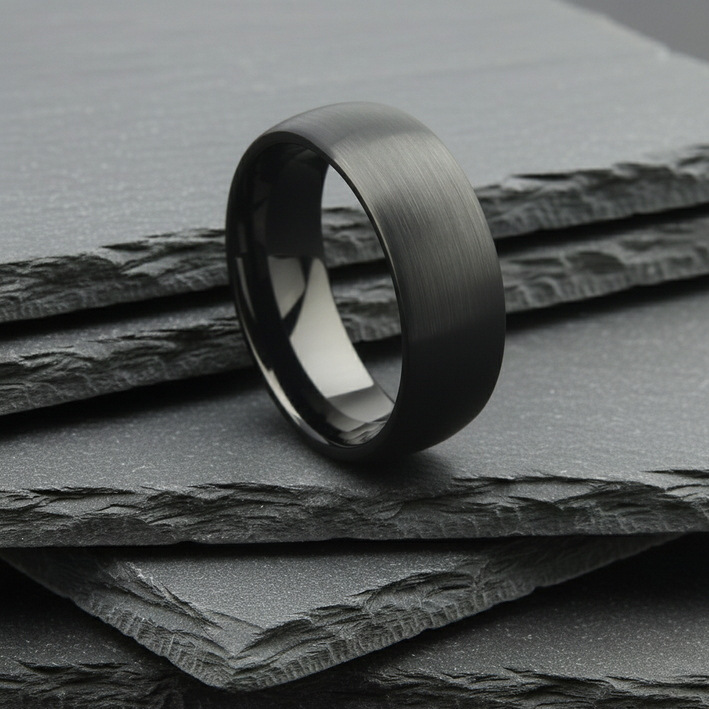 Black ring on a dark stone surface