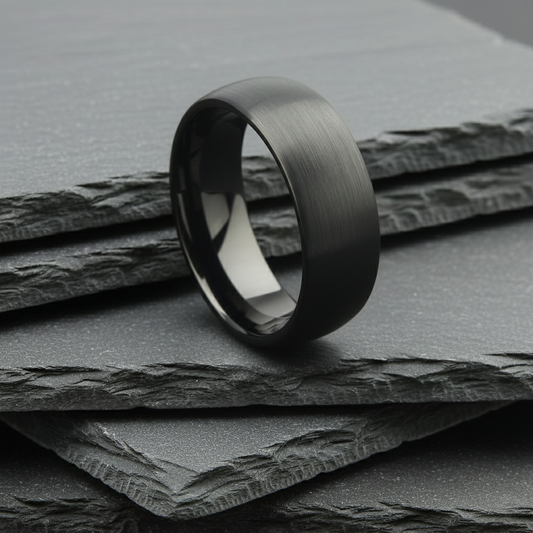 Black ring on a dark stone surface